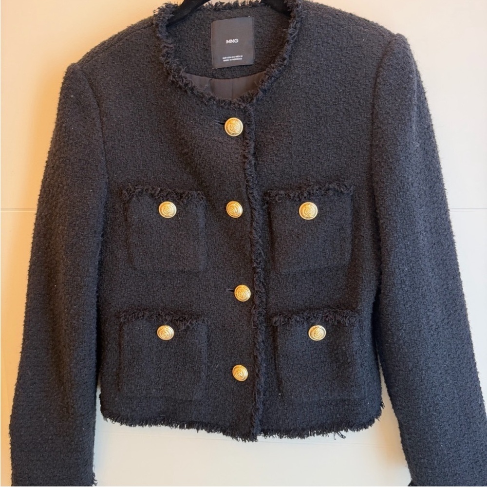 Mango Black Textured Blazer with Gold Buttons